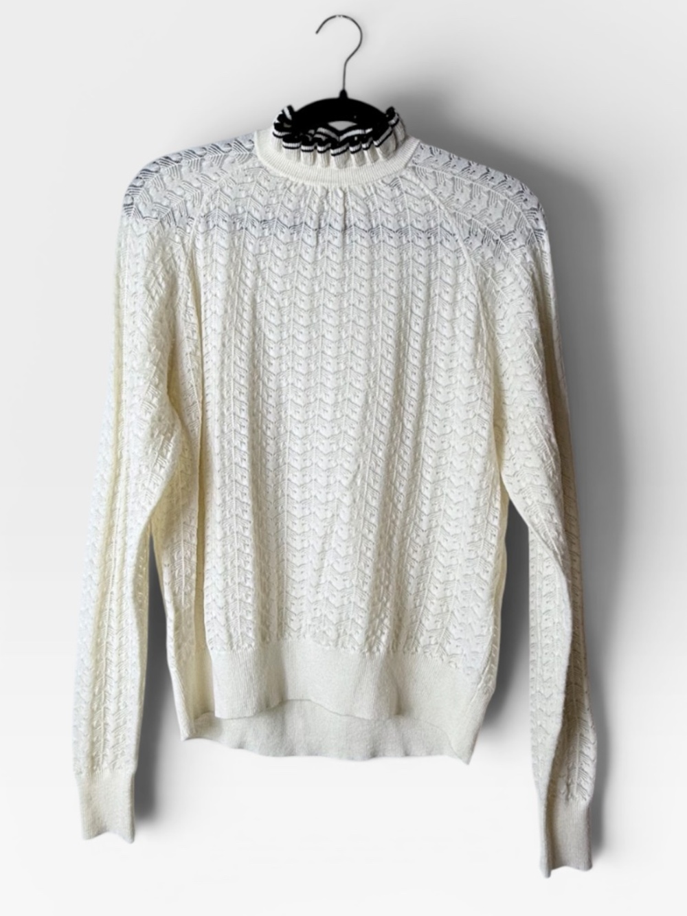 Maje Pointelle Knit Ruffle Collar Sweater in Ecru Size 1 Black White Collar (R)